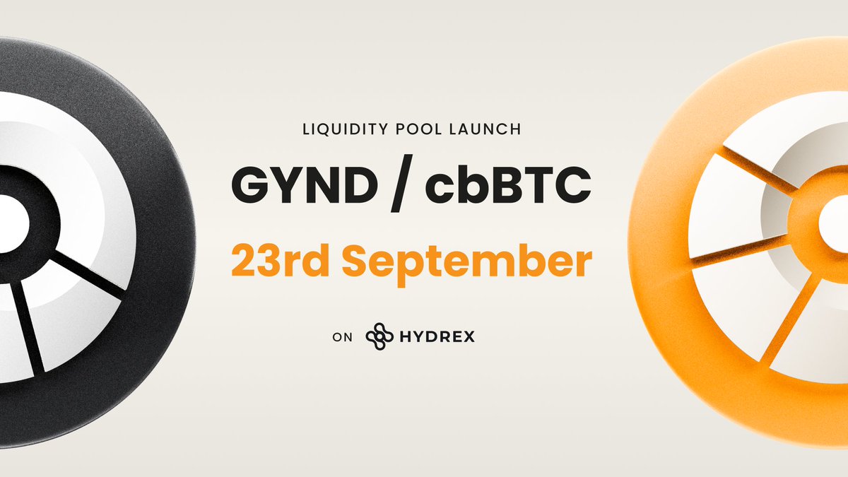 Gyndore's tweet photo. The date is set.

The official GYND / cbBTC liquidity pool opens on @HydrexFi on 23 September.

See you there. https://t.co/EDer92EsVL