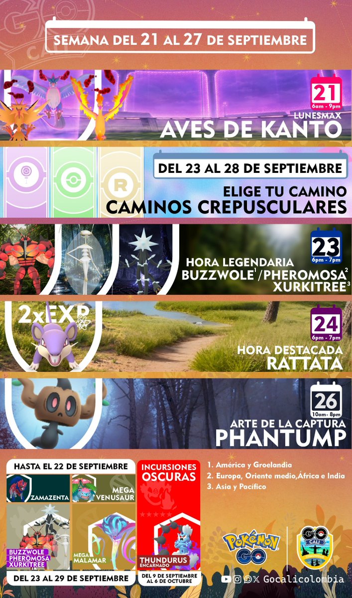 GoCaliColombia's tweet photo. 📅 Semana del 2️⃣1️⃣ al 2️⃣7️⃣ de Septiembre en Pokémon Go! 💥
✨ Regresan las aves de Kanto en su forma Dinamax! #Rattata en Hora Destacada, #Phantump y mucho más!!
#juegaencomunidad
#pokemonGoApp #Infografiapokemon #citysafaricolombia #gocalicolombia #articuno #zapdos #moltres https://t.co/7cdO7MEMQR