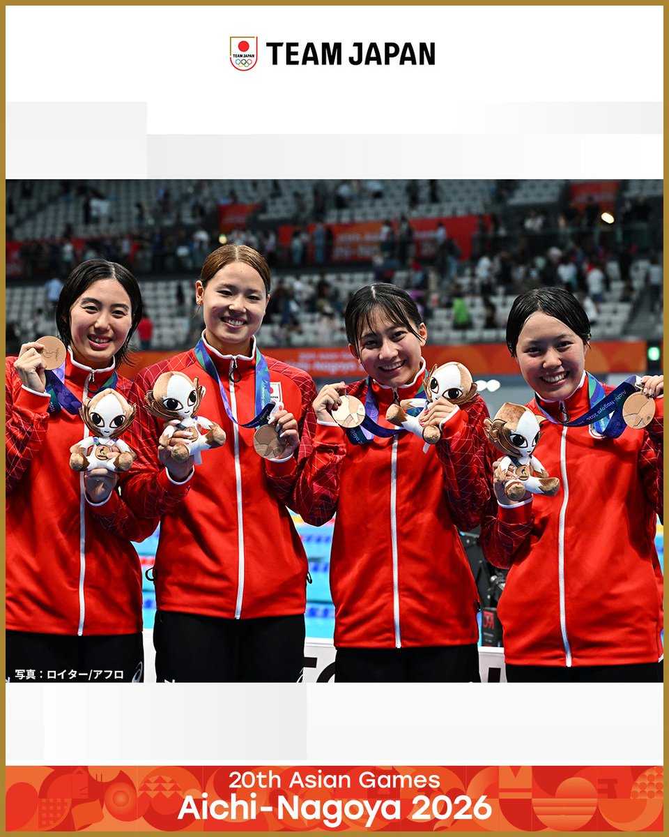 TeamJapan's tweet photo. ◤ 📸 TEAM JAPAN Shots #愛知名古屋2026 ◢

🏊️競泳

【女子50m平泳ぎ】
2位 鈴木聡美 選手 🥈

【男子100m背泳ぎ】
2位 竹原秀一 選手 🥈

【女子1500m自由形】
3位 梶本一花 選手 🥉

【女子4×100mフリーリレー】
3位 🥉
溝口歩優 選手 / 鈴木莉緒 選手 / 池本凪沙 選手 / 松本信歩 選手

鈴木聡美 選手が日本新記録をマークし、銀メダルを獲得！👏✨
5大会連続表彰台を飾りました！

@JAQUA1924 @tobiuojapan
 #ともに一歩踏み出す勇気を

愛知・名古屋アジア大会はTBS ▶︎ @TBS_TV_S1