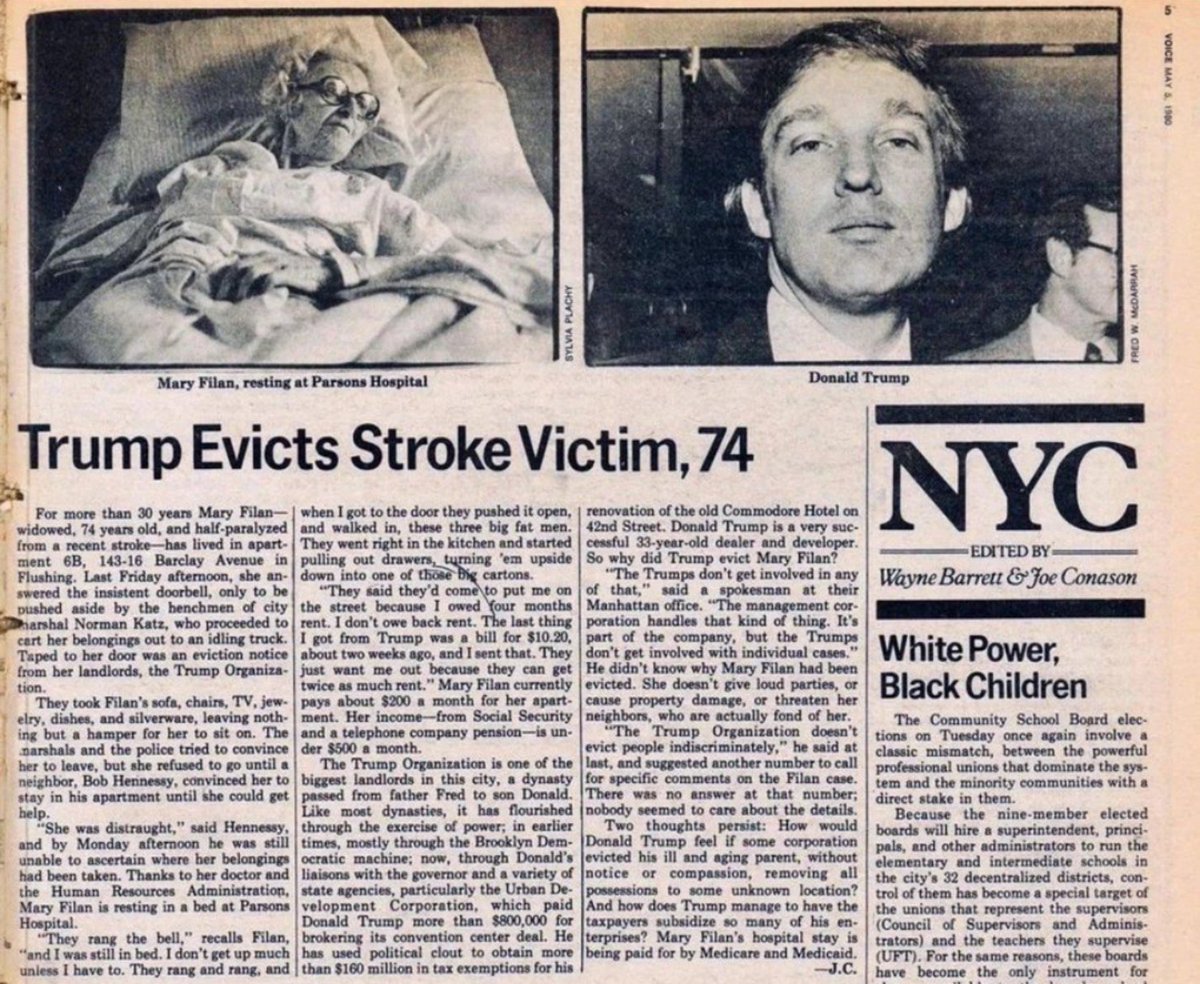 JFJ15561913's tweet photo. Któż by pomyślał,że zdarzają się takie historie... Donald Trump był zaledwie trzydziestoparolatiem a już potrafił zadbać o swoje interesy. Lokatorkę (74l), która sparaliżowana leżała po wylewie w łóżku,eksmitował na ulicę za zaległości w czynszu w wysokości $10,20... https://t.co/B4WkPki3a9