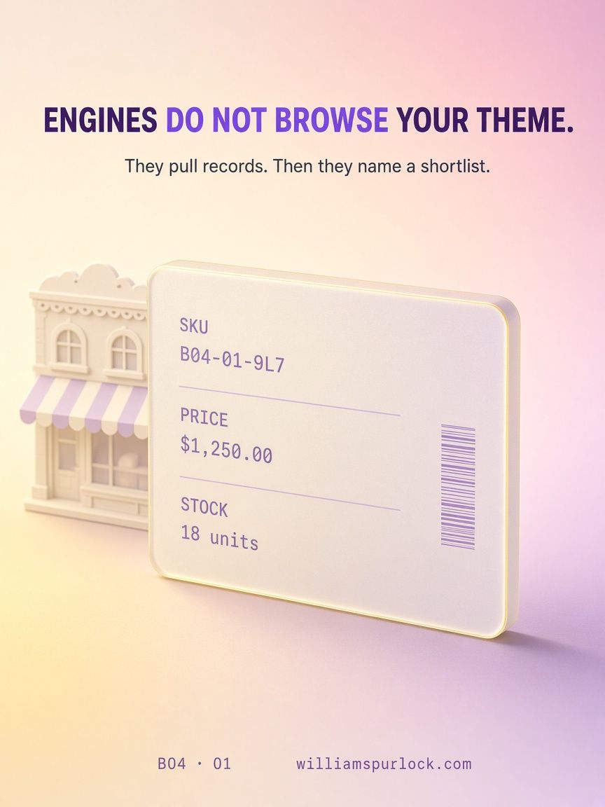 creativewill02's tweet photo. Engines do not browse your theme.

They pull records. Then they name a shortlist. Your cinematic hero, the hover animation, the collection grid that ate six weeks — none of that is a catalog. Recommendation is a retrieval problem. If a model cannot load your offer as facts, it names a denser catalog.

A win in 2026 is not a #1 blue link. It is a named shortlist: product, brand, a reason, sometimes a price band, sometimes a merchant. The shopper may click. They may buy later on a brand search. They may never visit you. If you are not named, you are not in the set.

You cannot buy that citation the way you buy a Product Listing Ad. You earn it with data the engine can trust.

Four layers. Most stores I audit fail two.

Catalog: on-page Product schema plus visible attributes so the model has a public API for each SKU. Feed: Merchant Center, ChatGPT's merchant path, Perplexity's merchant program — price, stock, identifiers current at scale. Proof: reviews, roundups, one URL that is not yours that names the SKU. Entity: one brand string on the site, in schema, and in Merchant Center.

Skip the catalog and the engine guesses. Then it prefers Amazon.

I have watched owners celebrate ranking for "{brand} official" while losing every "best for" prompt in the category. That is not a ranking win. That is a recommendation loss.

Theme work can wait. The record cannot.
