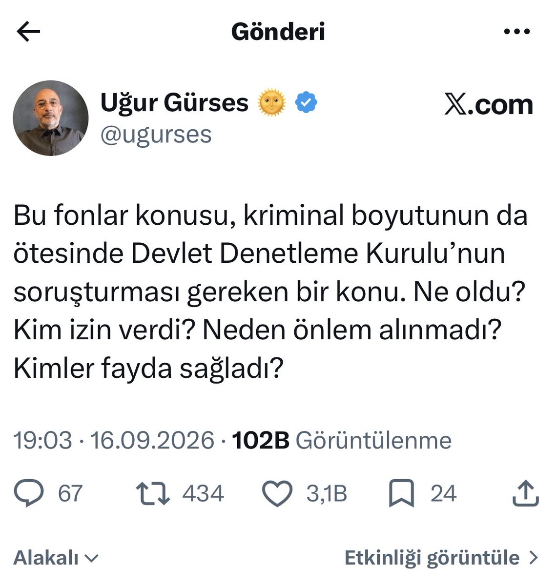 ugurses's tweet photo. İfade özgürlüğünde bugün:
16 Eylül günü X'te yaptığım şu paylaşıma İstanbul 1. Sulh Ceza Hakimliği erişimi engelleme karar vermiş. 
X platformu henüz bu kararı uygulamadı. 
Soruyorum; kriminal bir soruşturma var mı? Var. Bunu söylemenin ve Devlet Denetleme Kurulu'nın bu fon skandalını soruştursun talebinin nesi sakıncalı olmuş?
Fonlarda manipülasyonu yapanlar bile bu engelleme kararı alınması hızında derdest edilmediler...