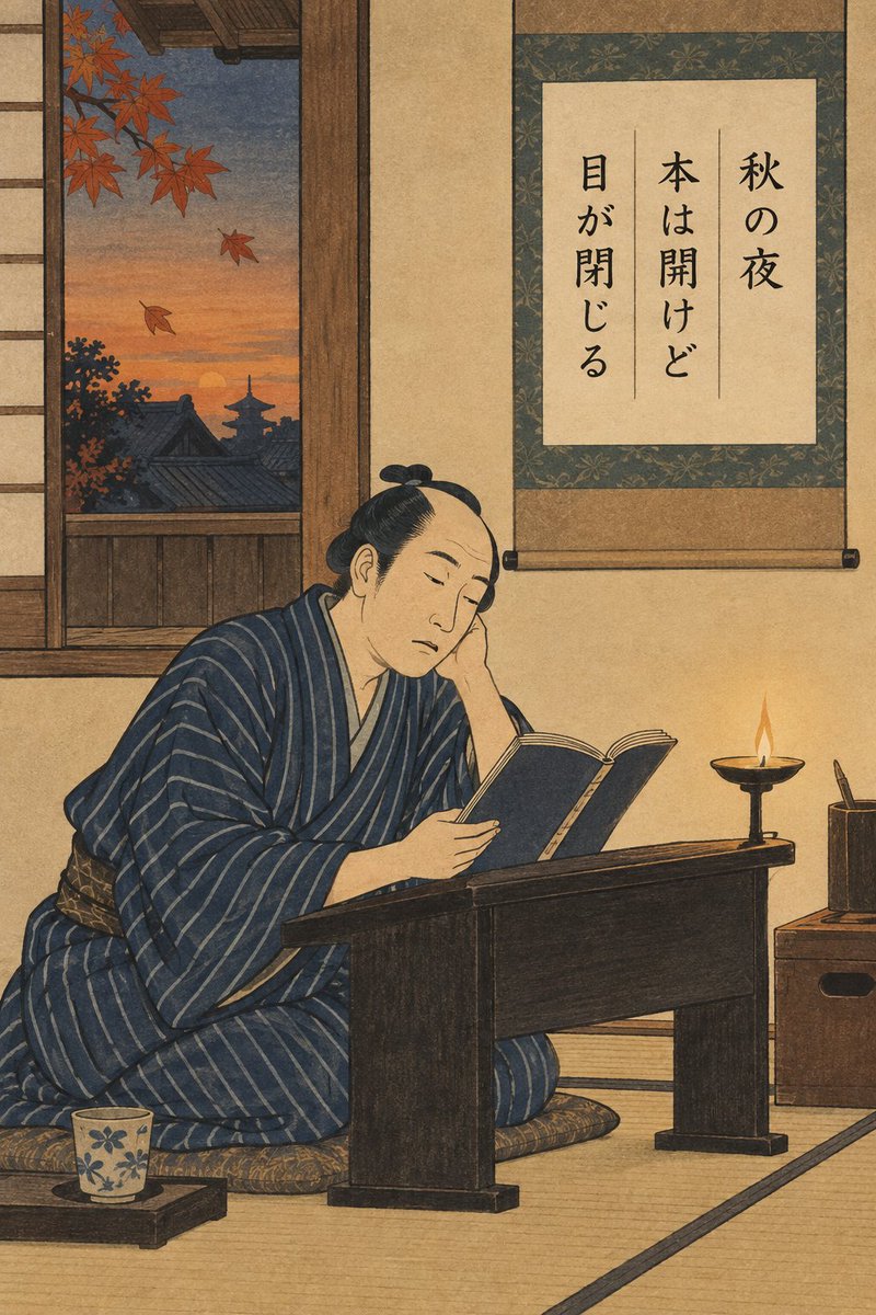 Mar_C_'s tweet photo. 秋の夜　本は開けど　目が閉じる

#エド画像川柳 #読書の秋 #浮世絵 https://t.co/yFBdPsN3uK