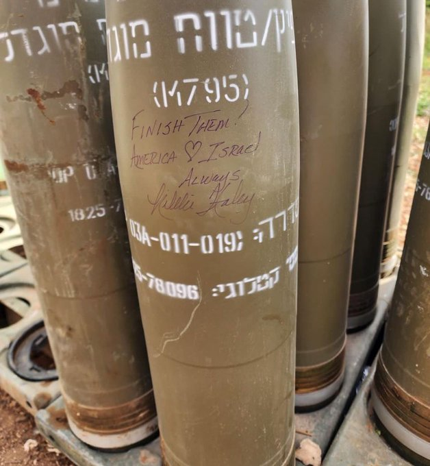 shen_shiwei's tweet photo. Nikki Haley signed "finish them" on the bombs that killed thousands of children in #Gaza. https://t.co/QxIne8FHGB