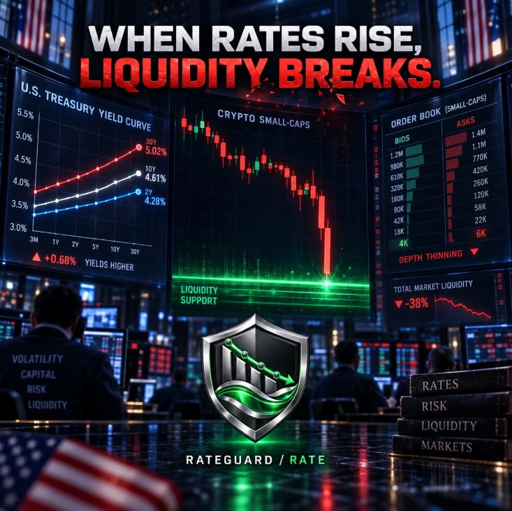 RATEGDRATE's tweet photo. Something breaks when interest rates stay high.

Risk capital disappears.
Market makers reduce depth.
Small sells create violent candles.

RateGuard was built for that environment.

Guard liquidity in the high-rate era.

$RATE https://t.co/hf4RxVRyzE