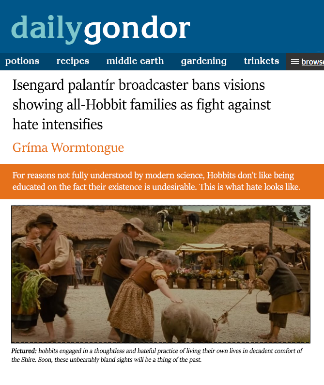DailyGondor's tweet photo. Middle-earth Palantíri Broadcasting Corporation also announced "old-fashioned" visions of Rivendell, Rohan and Gondor will no longer be eligible for committee awards or funding for being evil, bad and wrong. https://t.co/QE3p6IY9mv