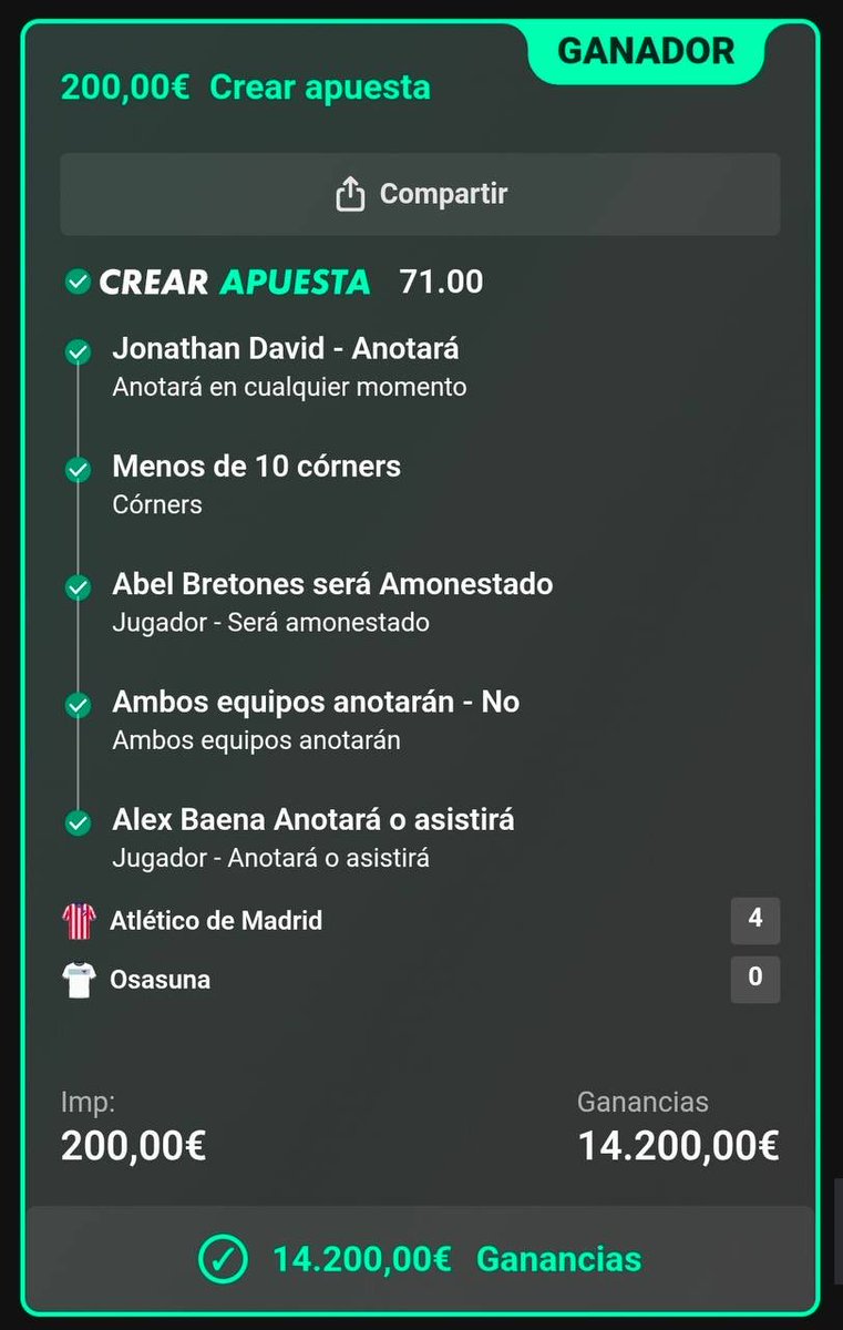 elprodelascombi's tweet photo. 🔥 CUOTA 71 ACERTADA 🔥

Otra combinada que SE VA PARA DENTRO 💰💰
📍 Atlético de Madrid vs Osasuna
🎯 CUOTA 71 COBRADA ✅

Seguimos demostrando que cuando hay que apretar, APRETAMOS.
¿La próxima será la tuya? 👀🔥 https://t.co/zgTbszfhMB