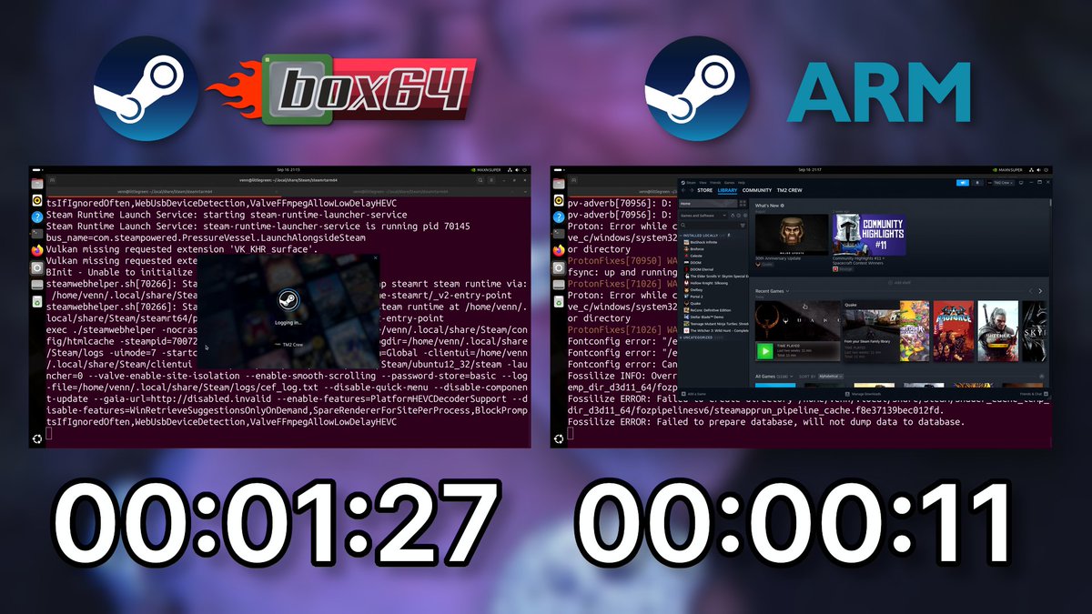 intlinux's tweet photo. Trying out a couple of Frame-verified games on Steam's unofficially official ARM client for #Linux. https://t.co/0fqFV3qBmT https://t.co/WPC6yB5CHP