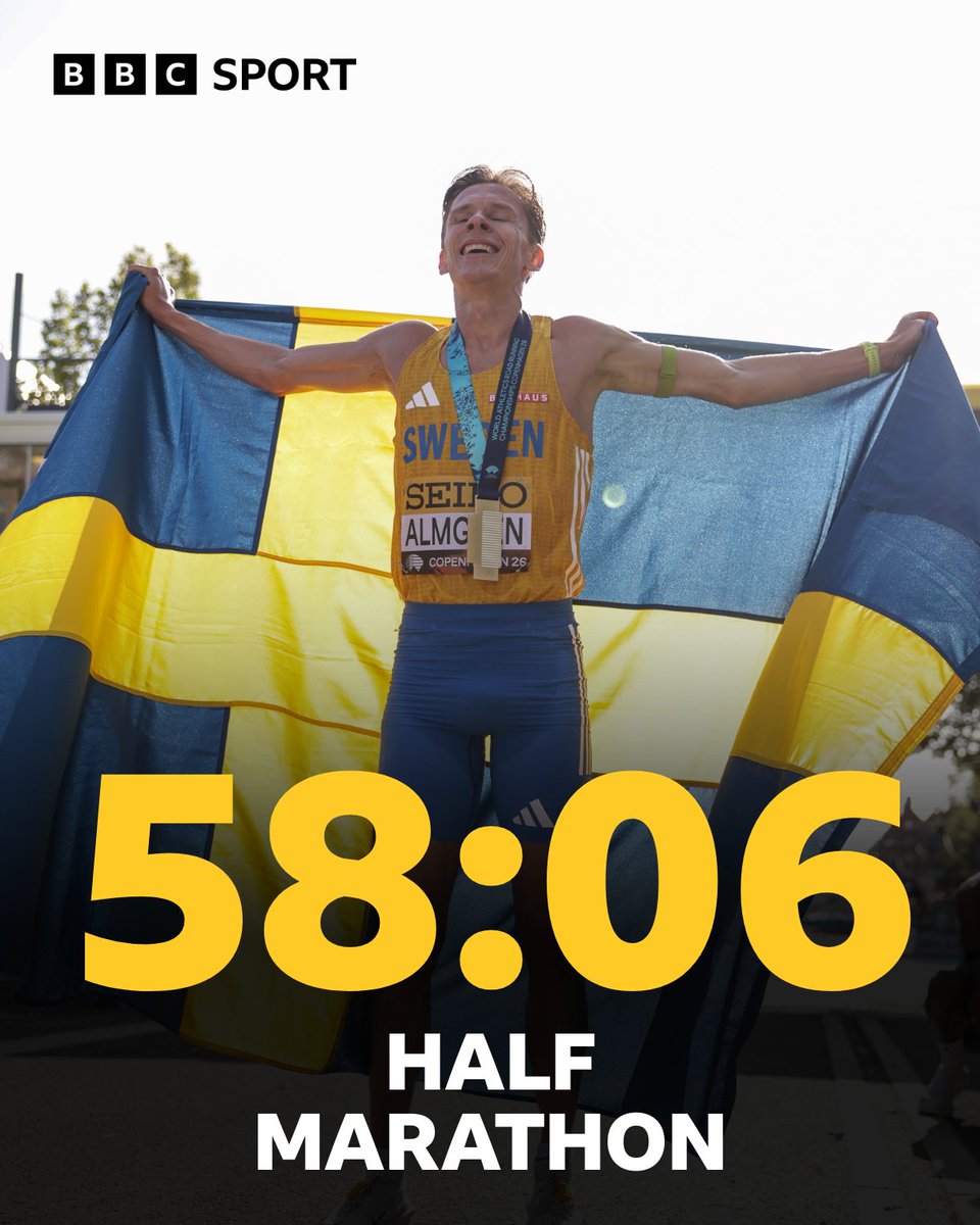 BBCSport's tweet photo. A European half marathon record! 👏

Andreas Almgren has run the Copenhagen half marathon in an incredible 58 minutes and six seconds! https://t.co/rWl7Wkq1LP