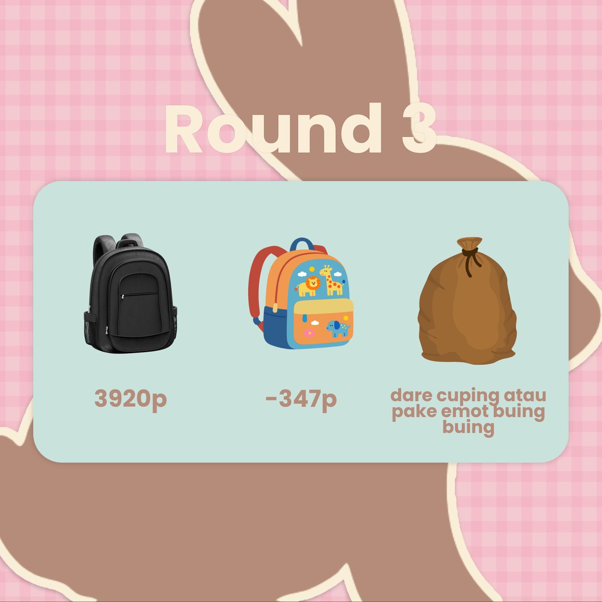 amitysaki's tweet photo. ternyata dd pake tas syesye acid karena dd anak rohis dan besok mau bawa bekal syireng

yg dapet dare, cuping sampe R berikutnya. tetap pake template semangat pagi yaa

yg dd RT karena lusyu +5992p. r4 jam 8.25 https://t.co/C5dA71BXWh