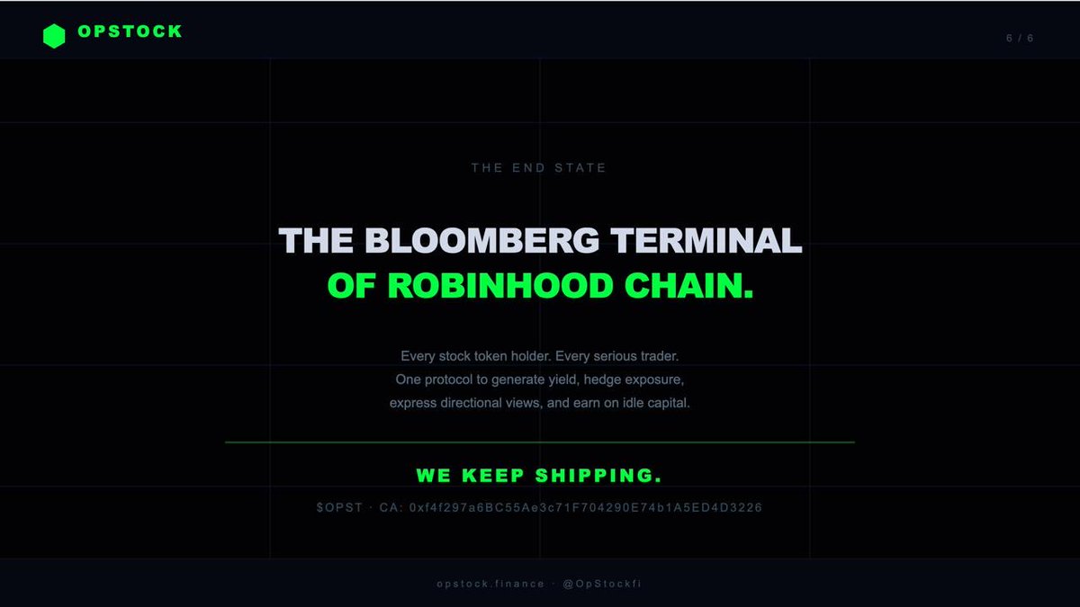 OpStockfi's tweet photo. The end state.

OPSTOCK becomes the default options desk on Robinhood Chain. Every stock token holder uses it to generate yield, hedge exposure, and express directional views.

The Bloomberg Terminal of Robinhood Chain.

We keep shipping.

https://t.co/gVWx7T2uFJ | @OpStockfi
$OPST CA: 0xf4f297a6BC55Ae3c71F704290E74b1A5ED4D3226