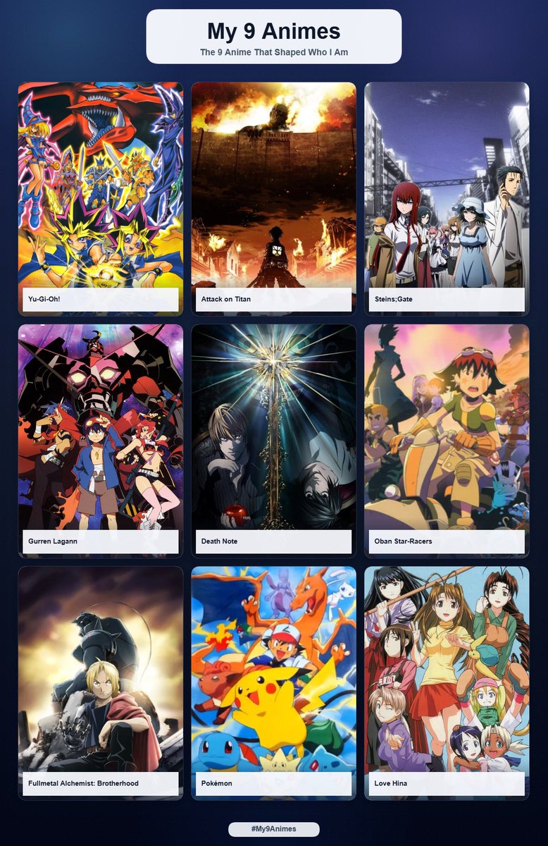 theOVERMASK32's tweet photo. My #9animes - was moulded by basic taste (still good and again it’s shaped, not favourites) #yugioh #attackontitan #steinsgate #deathnote #gurrenlagann #fmab #pokemon https://t.co/tZ0oT8hD9B