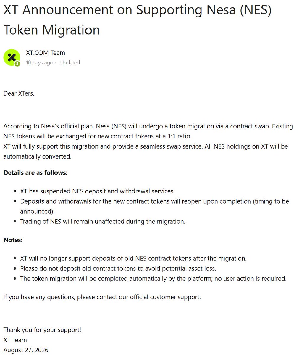 A1ex_Chivas's tweet photo. Thanks to damn @nesaorg #scammers and @XTexchange team for botching #NES token swap.
I lost $600.
#Nesa why didn't you carry out the migration? I messaged you via both email and X.
#XT, you wrote that there would be a swap! Did you mislead users?
#ALERT #SCAM 
@zachxbt 
@WSJ https://t.co/dYoUj7yE4L