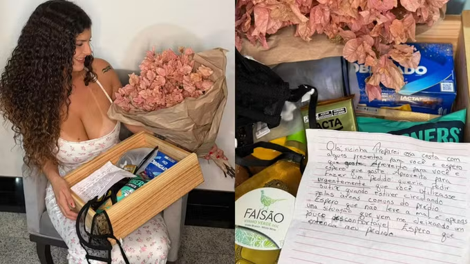 skaranam7772's tweet photo. A influenciadora carioca Alê Gaúcha, de 21 anos, mostrou uma cesta que ganhou de uma vizinha com chocolates, um sutiã e um bilhete:

"Olá, vizinha. Preparei essa cesta com alguns presentes para você e espero que goste. Aproveito para fazer um pedido: queria pedir urgentemente que você utilizasse sutiã quando estiver circulando pelas áreas comuns do prédio. Espero que não leve a mal, é apenas uma situação que vem me deixando um pouco desconfortável. Espero que entenda o meu pedido"

Alê disse ao O Globo: "Quando vi a cesta, achei muito carinhoso. Comecei a olhar as coisas e, quando encontrei um sutiã no meio, fiquei surpresa porque não estava entendendo o motivo daquilo. Foi só quando peguei o bilhete e comecei a ler que percebi que, além de um presente, aquela também era uma forma muito educada de fazer uma reclamação. Já passei por situações muito mais desagradáveis por causa dos meus seios, então reconheço que ela foi extremamente educada. Mas eu me sinto confortável sem sutiã e acredito que isso também precisa ser respeitado. Foi a primeira vez que alguém fez esse tipo de pedido acompanhado de presentes. Agradeço a delicadeza, mas o sutiã vai continuar guardado"