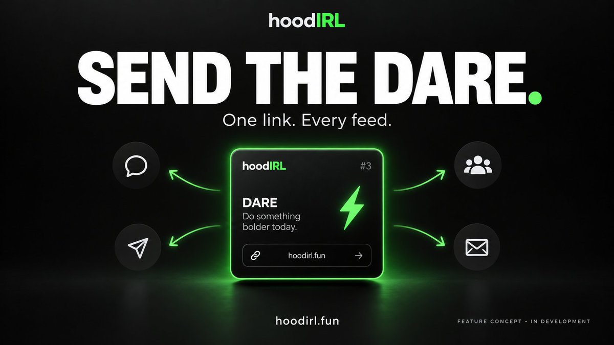HoodIRLfun's tweet photo. One dare should travel farther than one timeline.

We're building share cards for X, stories, and group chats: the challenge, reward terms, and one link back to the bounty. 

Send the dare.
Who are you tagging on $hoodIRL?

https://t.co/vrpW99xdww
0x583583a74a13e15d40ea2dab8c3a9895e073e4ea