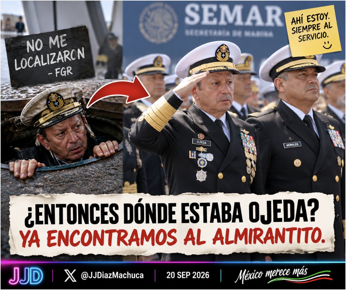JJDiazMachuca's tweet photo. ¿ENTONCES DÓNDE ESTABA OJEDA?

YA ENCONTRAMOS AL ALMIRANTITO.

Primero, la @FGRMexico informó que no logró localizar al almirante Rafael Ojeda Durán para notificarle el citatorio solicitado dentro del proceso contra Fernando Farías Laguna.

Después, la presidente Claudia Sheinbaum (@Claudiashein) aseguró:

“Ni está escondido ni absolutamente nada”.

Y agregó que eso se lo había ratificado la fiscal Ernestina Godoy (@ErnestinaGodoy_) y que no existe ninguna carpeta de investigación contra Ojeda.

Pero hay más.

Cuando le preguntaron si Ojeda seguía “en activo como asesor”, Sheinbaum respondió:

“No, él es retirado”.

Ahora resulta que la propia @SEMAR_mx, mediante Transparencia, informó que Rafael Ojeda Durán se encuentra “EN SITUACIÓN DE ACTIVO, desempeñándose como ASESOR DEL ALTO MANDO”, es decir, del actual secretario de Marina, almirante Raymundo Pedro Morales Ángeles.

Entonces las preguntas son muy sencillas:

Si no estaba escondido y seguía vinculado a Marina como asesor del alto mando, ¿cómo es que la FGR no pudo localizarlo para notificarle un citatorio?

¿Y por qué la presidente dijo que estaba retirado cuando la propia Marina lo reportó “en situación de activo” como asesor?

Ustedes, ¿cómo lo explican?