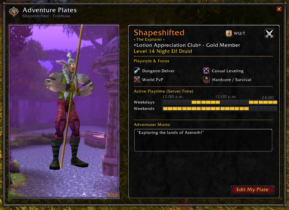 Shobektv's tweet photo. Adventurer Plates in "World of Warcraft Forever"

This would add so many social interactions on so many different levels

One of my favorite things about FFXIV - https://t.co/dkivwXQwDC