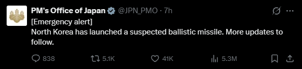 🚨 Japan’s Prime Minister’s Office issues an emergency alert following a suspected North Korean ballistic missile test.

Another reminder of expanding global ge