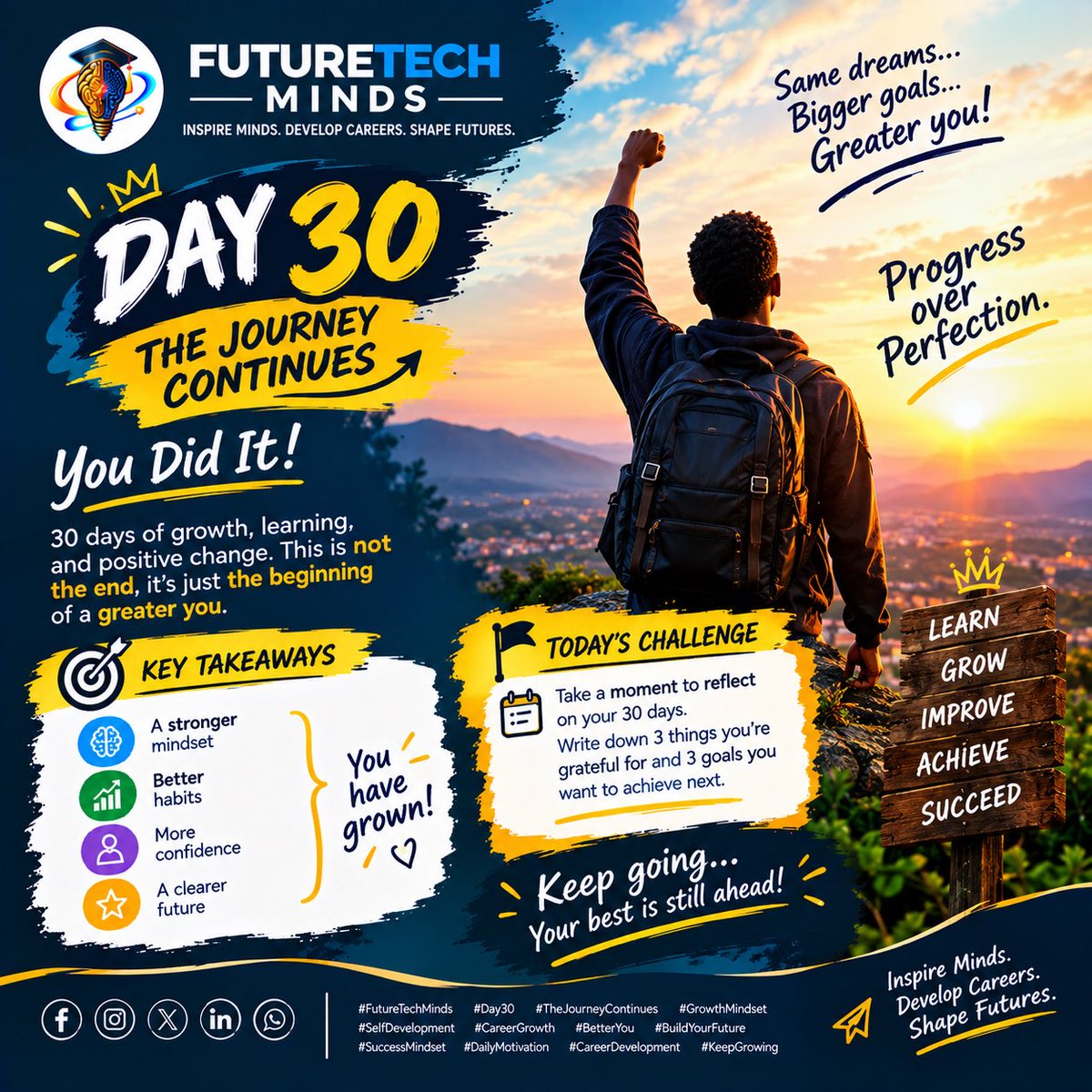 Future_Techmind's tweet photo. DAY 30 — THE JOURNEY CONTINUES

YOU DID IT!

30 days of growth, learning, reflection, and positive change.

But this isn’t the end—it’s the beginning of a greater you.

🌟 KEY TAKEAWAYS

🧠 A stronger mindset
📈 Better habits
💪 More confidence
🎯 Clearer goals

#FutureTechMinds https://t.co/X2lfwPhA2V