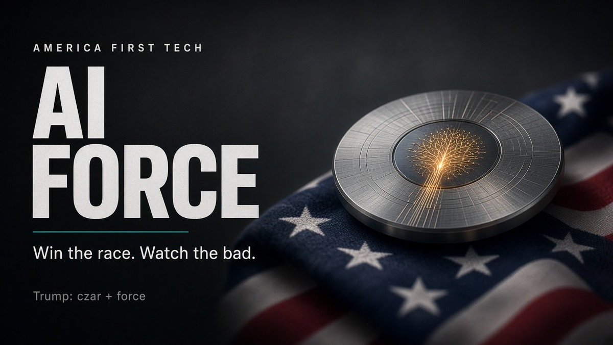GuntherEagleman's tweet photo. President Trump just said he will create an AI Force and appoint an AI czar. No choking the industry. Hunt the bad actors with the criminal and civil tools we already have.

China wants to own this race. We do not get a second place trophy.

Win big. Watch the bad. 

Keep America first!