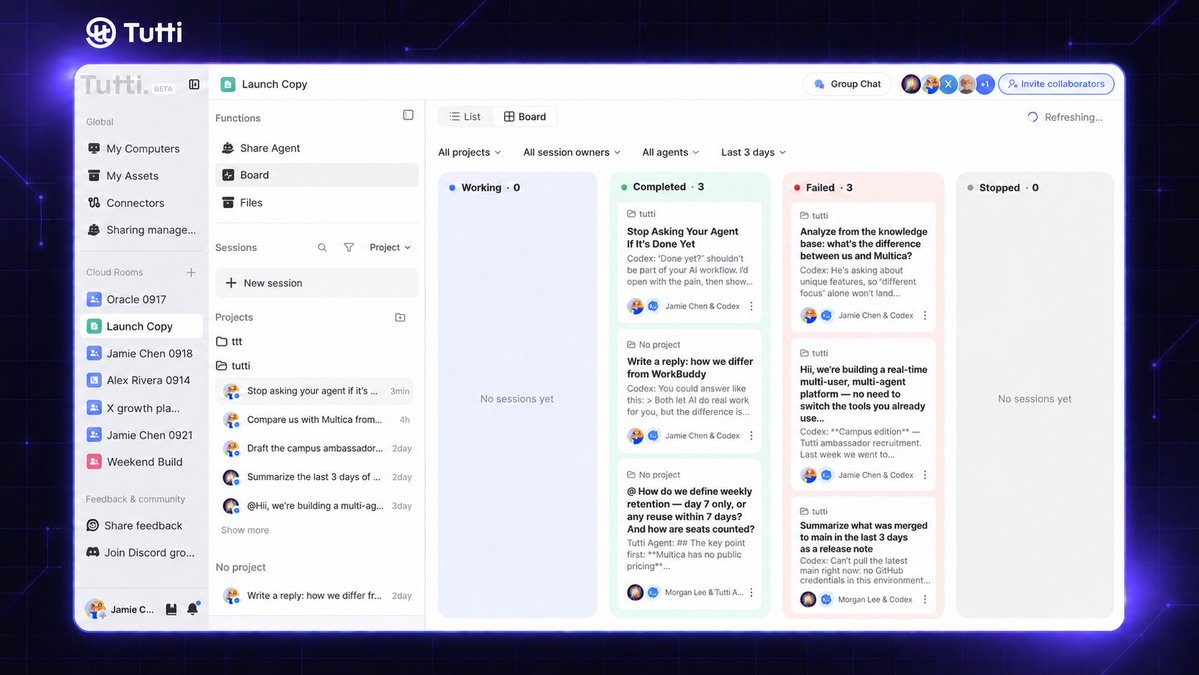 Tutti_global's tweet photo. “Done yet?” shouldn’t be part of your AI workflow.

In a Tutti Room, see which tasks are running, completed, or need attention. Open the board to follow your Agent’s work and see what it produced.

What matters most to you: progress, changes, or results? 👀 https://t.co/0rFf8HuHxv
