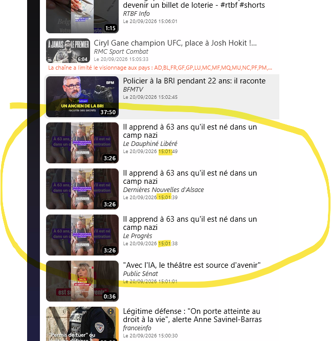 ymobactus's tweet photo. @BPMSportsRadio @i24NEWS_FR @QubRadio @RFI @France24_fr @franceinfo @puissance_tv @africanews @Le_Progres @dnatweets @ledauphine bonjour, 
il vaudrait peut-être mieux décaler d'une bonne heure la publication des copies de shorts identiques entre vos chaînes,
sinon on serait tenté de se désabonner des autres chaînes pour ne plus avoir ce genre de flood ci-dessous.
Merci. https://t.co/IezJh2AAYt