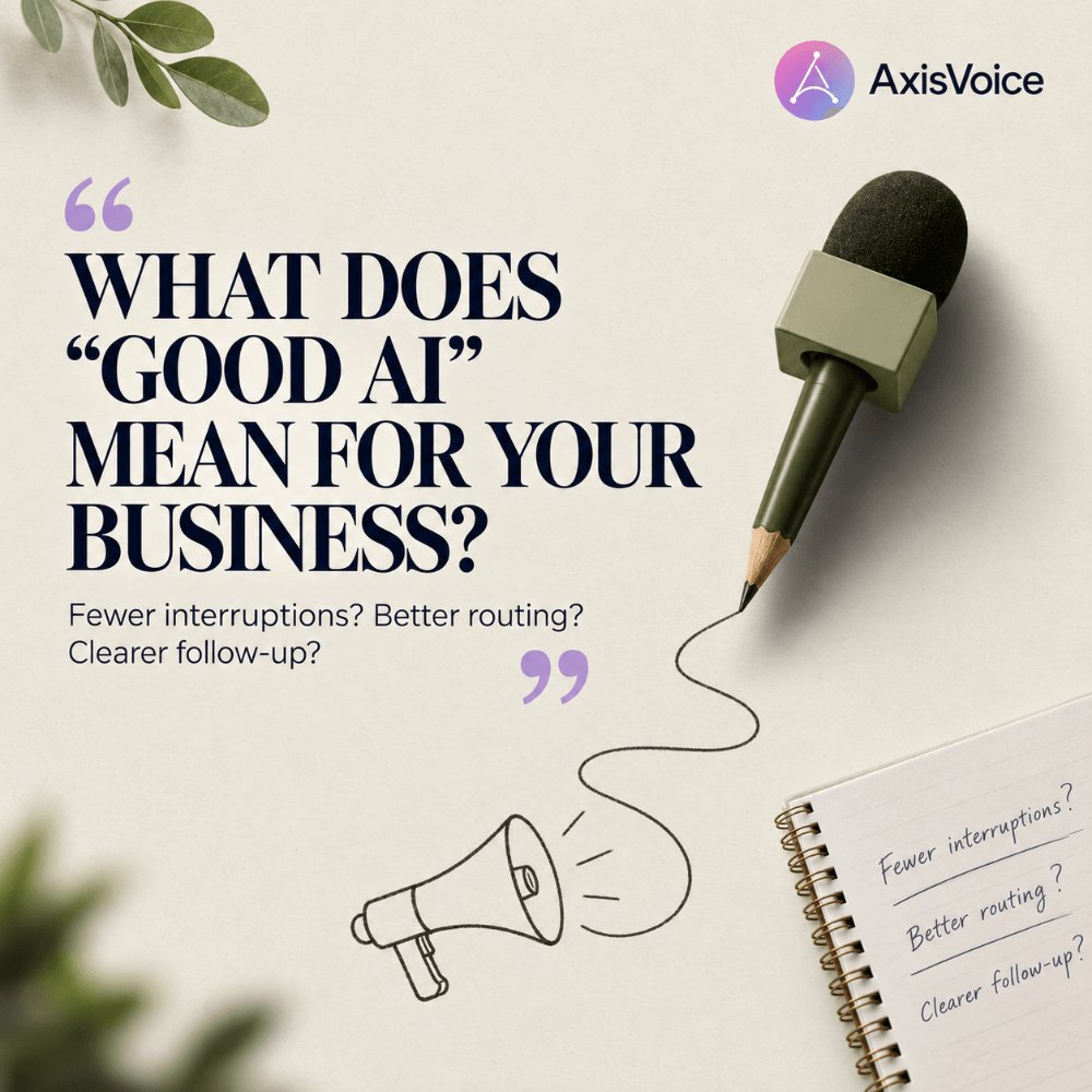 AxisVoiceAI's tweet photo. “Good AI” should mean better outcomes for the business, not just more automation.

Fewer interruptions. Smarter routing. Clearer follow-up.

Start with the result you want, then build the AI around it.

#AI #BusinessCommunication #AxisVoice https://t.co/HDeYe88w2s