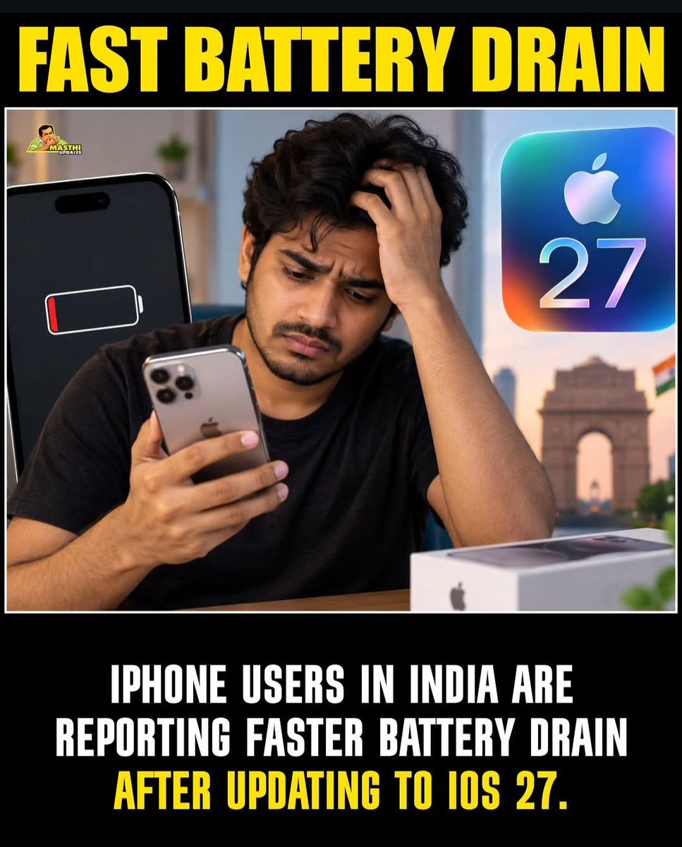 mPasump0n's tweet photo. IPHONE USERS IN INDIA ARE REPORTING FASTER BATTERY DRAIN AFTER UPDATING TO IOS 27

#iphone18promax #iphone18pro #iphone18 #bug https://t.co/jxx06SzNTW