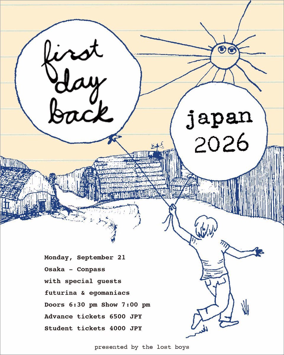 dunkspring's tweet photo. FIRST DAY BACKとfuturina京都、ちょっと凄い日でした。次観れる時は全然違うキャパかも。来れる方は是非観て欲しいです。egomaniacsの前売予約、明日16:00ごろまで受け付けてます。メールでもリプライでもDMその他でも可です。

FIRST DAY BACK & futurina JAPAN Tour in Osaka

9月21日（月・祝）
at 東心斎橋 CONPASS

FIRST DAY BACK
futurina
egomaniacs

OPEN 18:30 START 19:00
前売り¥ 6,500 (別途1D order)
学割¥ 4,000 (別途1D order)

egomaniacsメール前売予約:egomaniacs.jp@gmail.com