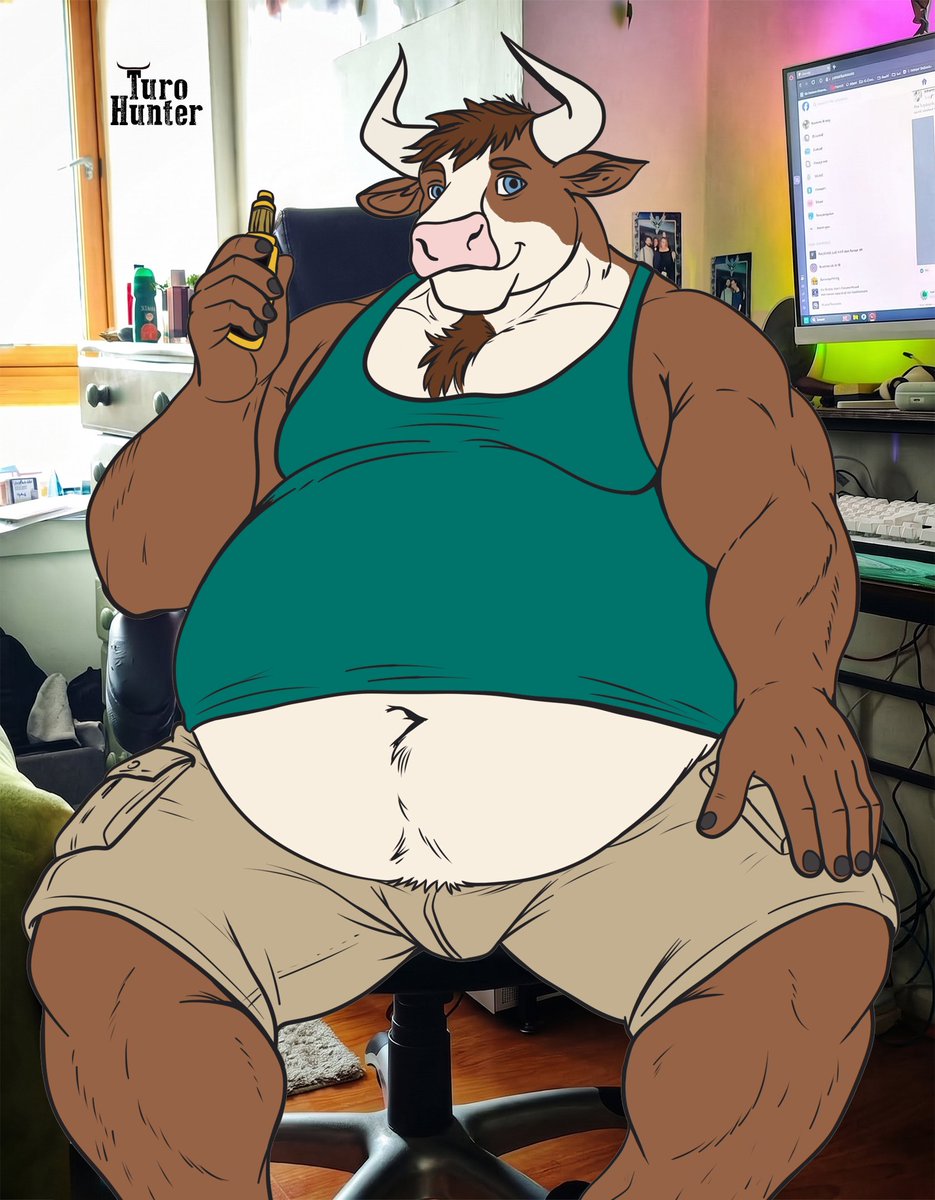 GainerBull_Turo's tweet photo. My boy Turo has taken my place at my desk. I somehow feel the chair wouldn't survive his weight here though. 

Might shade and add his accessories later idk

#furry #furryart #anthro https://t.co/JjFD9G6oDp