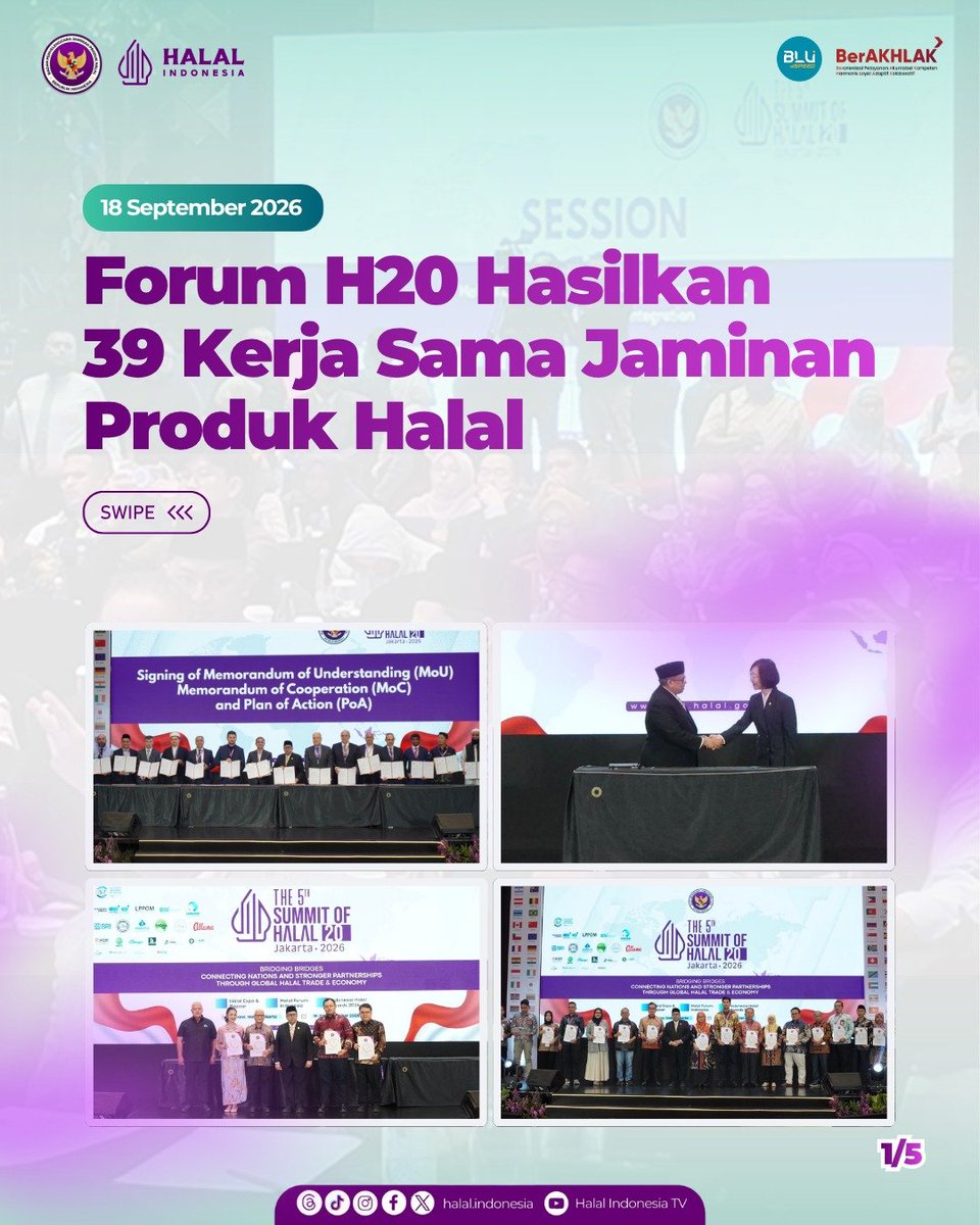 halalindonesia_'s tweet photo. Hari pertama The 5th Summit of Halal 20 (H20) mencatat langkah penting dalam memperkuat ekosistem jaminan produk halal, baik di tingkat internasional maupun nasional. 🌏

Sebanyak 39 kerja sama strategis berhasil dihasilkan, terdiri atas 15 Mutual Recognition Agreement (MRA), https://t.co/wY2zX8oa1T