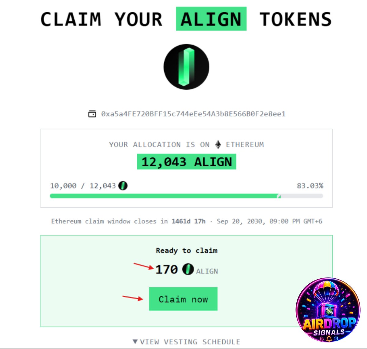 airdropsignels's tweet photo. 🚨 11K+ $ALIGN Allocation? Check Your Claim!

If you received an Aligned airdrop allocation of 11,000+ $ALIGN, your vesting claim may now be pending 👀

With the first monthly unlock approaching, now is a good time to check your allocation and claim status.

🔗 https://t.co/ieK9cFOWGu

��Open the official claim page
Check your available $ALIGN
Claim the unlocked amount when available
Keep track of upcoming monthly unlocks»

⚠️ Note: $ALIGN is currently trading well below its listing price despite recent market hype.

If you’re eligible for the 11K+ allocation, make sure to check your claim before the next unlock. 🪂