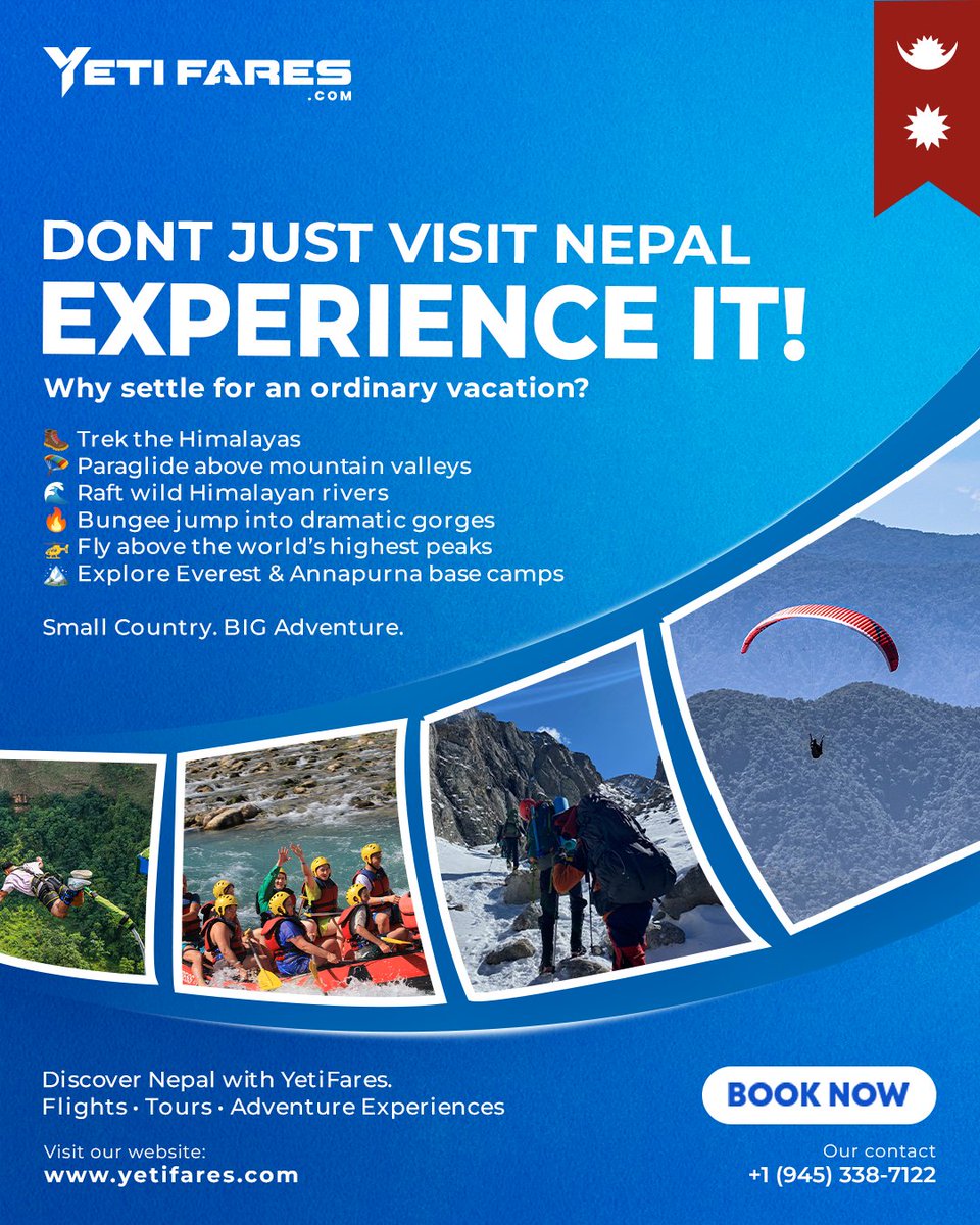 YetiFares's tweet photo. 🇳🇵 Don’t just visit Nepal. Experience it.

🥾 Himalayan trekking
🪂 Paragliding
🌊 Whitewater rafting
🔥 Bungee jumping
🏔️ And much more
Small country. BIG adventure.
🌐 https://t.co/QI0OgKejwm

#VisitNepal #NepalAdventure #YetiFares https://t.co/zpHBCu6r1J