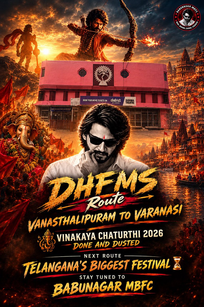 BABUNAGARMBFC's tweet photo. DHFMS Route 
Vanasthalipuram to Varanasi 
1. Vinayaka Chaturthi 2026 Done and Dusted 
Next 
Telangana’s Biggest Festival ⏳ 
Stay Tuned to 
BABUNAGAR MBFC 🦁 https://t.co/i8vZhGfyYb
