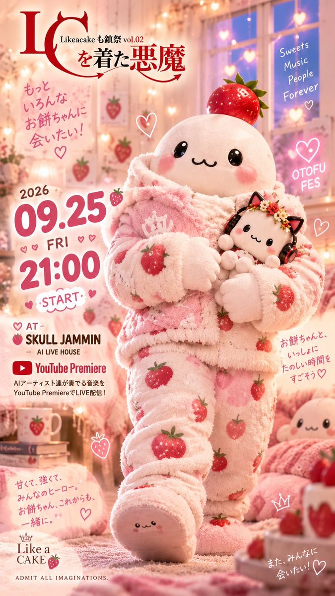 buffalo66903110's tweet photo. 【 #も鎮祭 お知らせ】
も鎮祭 vol.02 special site
https://t.co/P7iC09moGv
も鎮祭vol.02 〜LC( #Likeacake )を着た悪魔〜
9月25日(金)21:00
入り口⇩SKULL JAMMIN⇩
https://t.co/r9SqRDDuwh
■出演者(敬称略)
☆★special guest★☆
お豆腐シスターズ
@otofusisters
https://t.co/GbzYp7b2wO
MakotoAI / マコトアイ
@trillion_music
ema.
@SbefKKyDN4MPNmw
MOGU|AI音楽実験室
@guri_maru_OSE
PIZZA PHOBIA DOLL
@pizzaphobiadoll
今回のも鎮祭も好き放題もちよ🍓
お餅は一体何を目指しているのかww