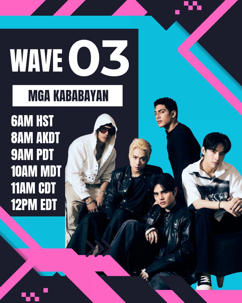 US_ATIN's tweet photo. Happy Sunday morning, everyone!
🚨Wave 3 begins in less than 2 hours. 🌊

A'TIN and SB19 supporters in the US, are you all ready? The 3rd Wave of mass purchasing #MgaKababayan on US iTunes starts in less than 2 hours!

Other purchasing platforms: Amazon Music, Qobuz, and 7Digital.

💞Suggestions:
1. Respectfully ask your family, friends & colleagues to purchase MGA KABABAYAN - by Francis M., covered by SB19 (you may need to reimburse them 🤣)
2. Open a new account/email.
3. Use iTunes gift cards as an alternative way of payment.

Let's spread the word and make this happen! We can do this! 😉💪

📌 If you're using multiple accounts (iTunes) for buying the track(s) and album (Forgotten Island Soundtrack), delete previous purchases from your library. This way, your new purchases will count.

🗓️Mark your calendars! WAVE 4 is tomorrow, Monday, at 9AM PDT/12PM EDT.

Refer to the pubmat below for your correct time zone. 

@SB19Official #SB19 
#ForgottenIsland