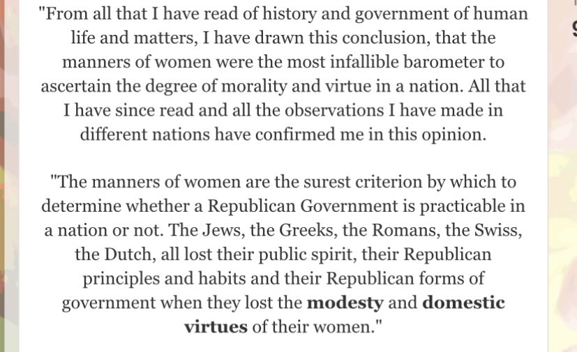 godlywomanhood's tweet photo. This is for those of you who falsely believe women can dress any way they want, and it harms no one. President John Adams wrote this. https://t.co/HjsZcUWNop