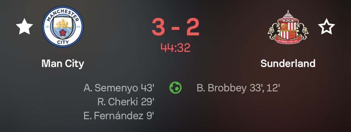 Scott3040's tweet photo. 3-2 MANCHESTER CITY! SEMENYO RESTORES THE LEAD! 🤯⚡
FIVE GOALS IN THE FIRST HALF! THIS GAME IS ABSOLUTE MADNESS! 😱🔥 Sunderland refuse to go away, but City strike again https://t.co/woy0TYCuAC