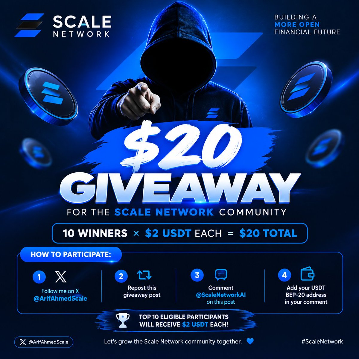 CryptoGuyScale's tweet photo. 🎁 $20 GIVEAWAY FOR THE SCALE NETWORK COMMUNITY! 💙

I’m giving away $20 USDT to 10 lucky winners from the Scale Network community! 🚀

💰 10 Winners × $2 USDT = $20 Total

📌 How to Participate:

1️⃣ Follow me on X: @ArifAhmedScale
2️⃣ Repost this giveaway post 🔄
3️⃣ Comment @ScaleNetworkAI on this post
4️⃣ Add your USDT BEP-20 address in your comment

🏆 Top 10 eligible participants will receive $2 USDT each!

Let’s grow the Scale Network community together. 💙⚡

Giveaways End Date 30 September

@chrisP_scale @ScaleNetworkAI 

#ScaleNetwork #SCALE #Giveaway #CryptoGiveaway #Web3