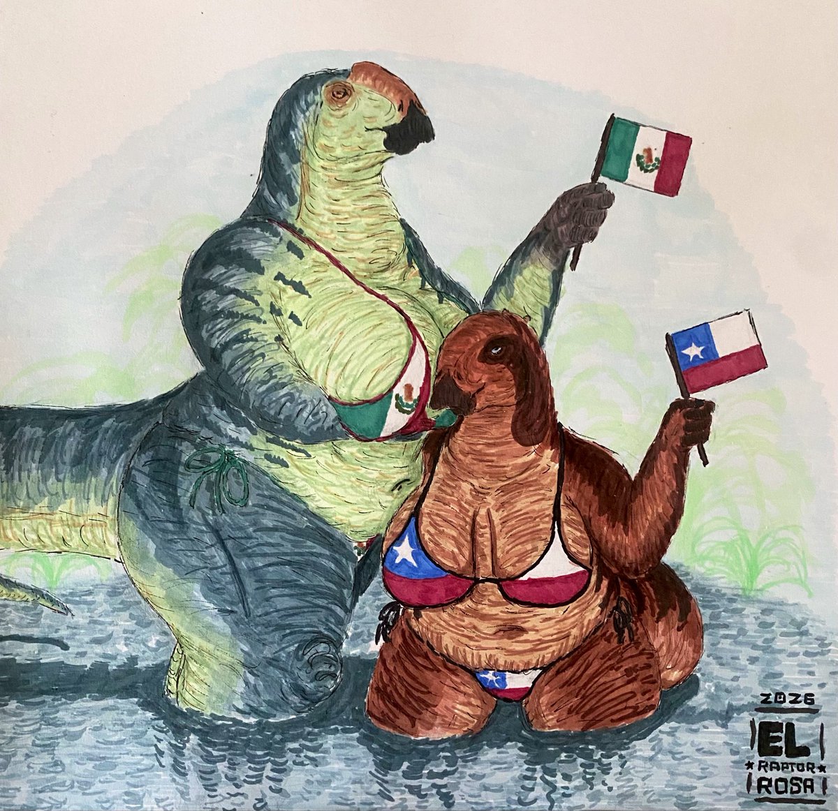 el_raptor_rosa's tweet photo. Duo art piece celebrating both Mexico and Chile together with the Coahuilasaurus lipani🇲🇽 &amp; Gonkoken nanoi🇨🇱 girls! 🦕🦕

#VivaChile #VivaMexico #dinoart #anthroart #anthrodino #furryart https://t.co/I63NAackxX