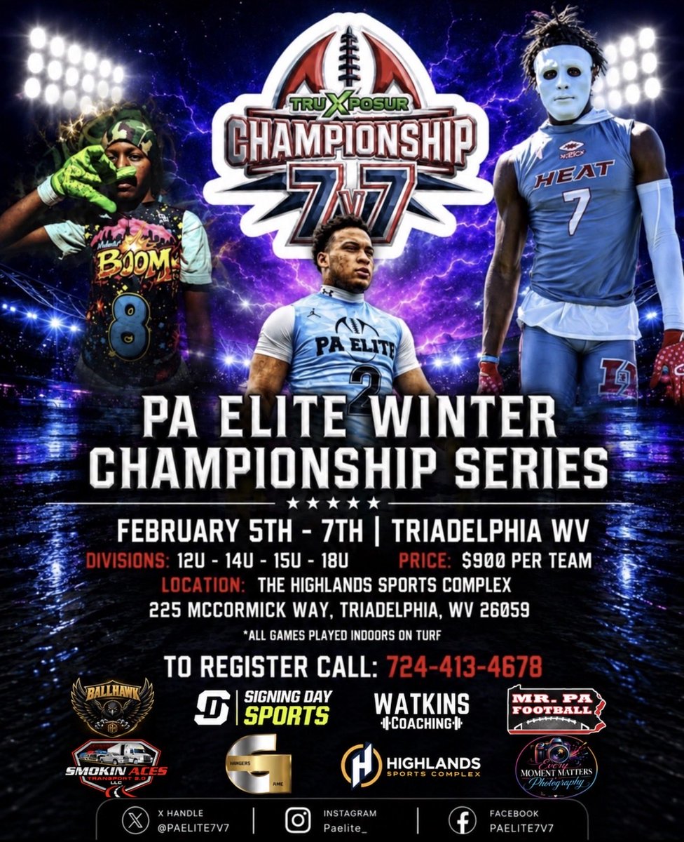 PAELITE7v7's tweet photo. The Best Tournament on the 7v7 circuit 🔥

In partnership with @Championship7v7 
PA Elite is excited to host the 7th annual Winter Championship Series tournament at The Highlands Sports Complex.  

🔥Pre-Register your team NOW this tournament will be sold-out within 72 hours🔥 https://t.co/1vu0ky8XJ7