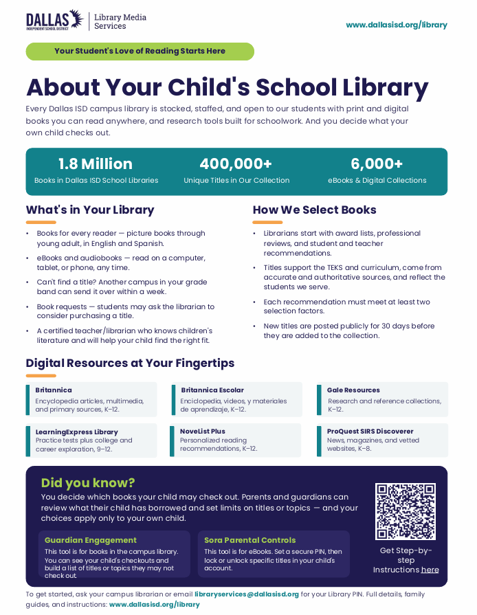 KnightDISD's tweet photo. Families, your child’s love of reading starts here!
Dallas ISD school libraries offer print books, eBooks, audiobooks, and helpful research resources in English and Spanish. Parents and guardians can also review their child’s checkouts and set limits on specific titles or topics. https://t.co/LRgJYBbNAK