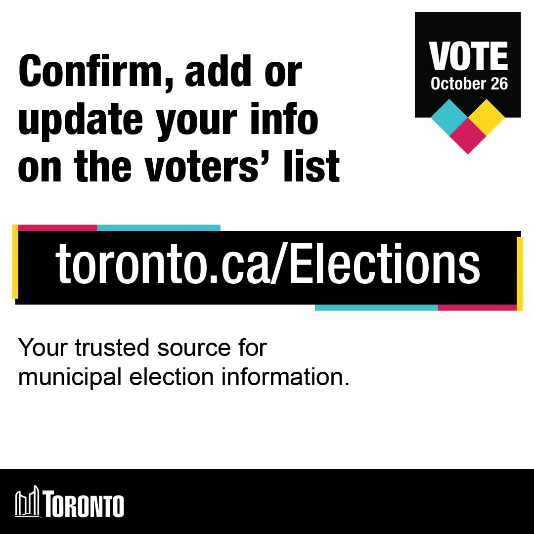 cityoftoronto's tweet photo. If you want to be mailed a voter information card for Toronto’s 2026 municipal election, today (September 20) is the last day to confirm, add or update your info on the voters’ list. 

Update your information online now: https://t.co/0q39xjLlkO https://t.co/FZGxDSlG5w