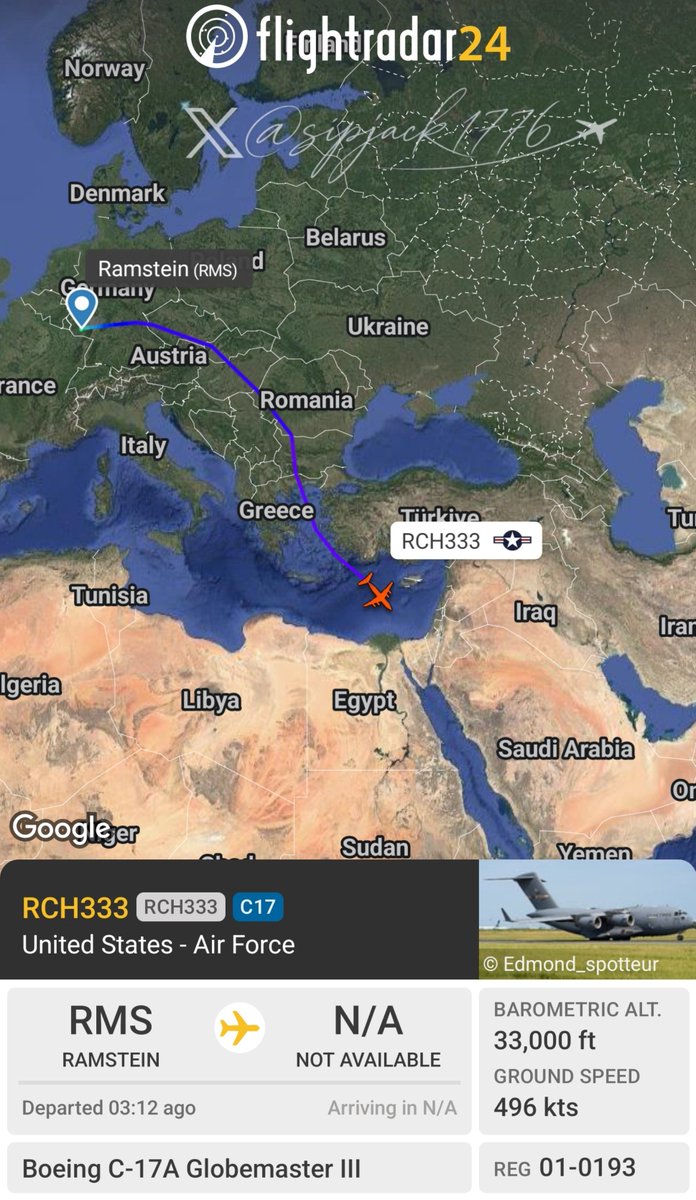 sipjack1776's tweet photo. C-17A 🇺🇲
#AE10BC/01-0193/RCH333
Ramstein (ETAR)>King Faisal (OJKF)
@Borrowed7Time @stunorth69 https://t.co/BcEsBNwSea