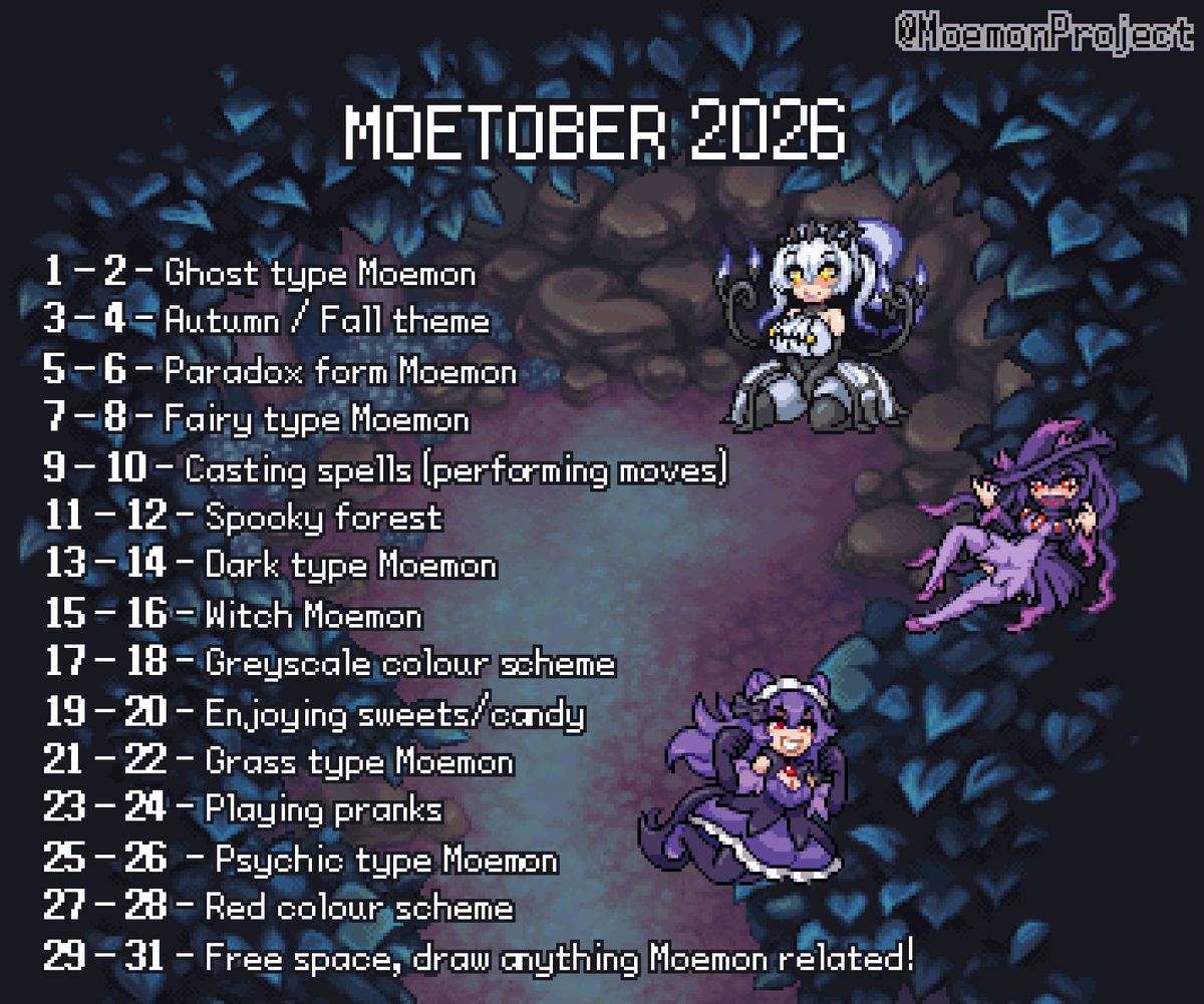 MoemonProject's tweet photo. This year we've put together a prompt list for Moemon's  version of the October art challenges, Moetober!

Do it! Or don't! It's up to you, but if you do, we'd all love to see! https://t.co/Kb9S205Afw