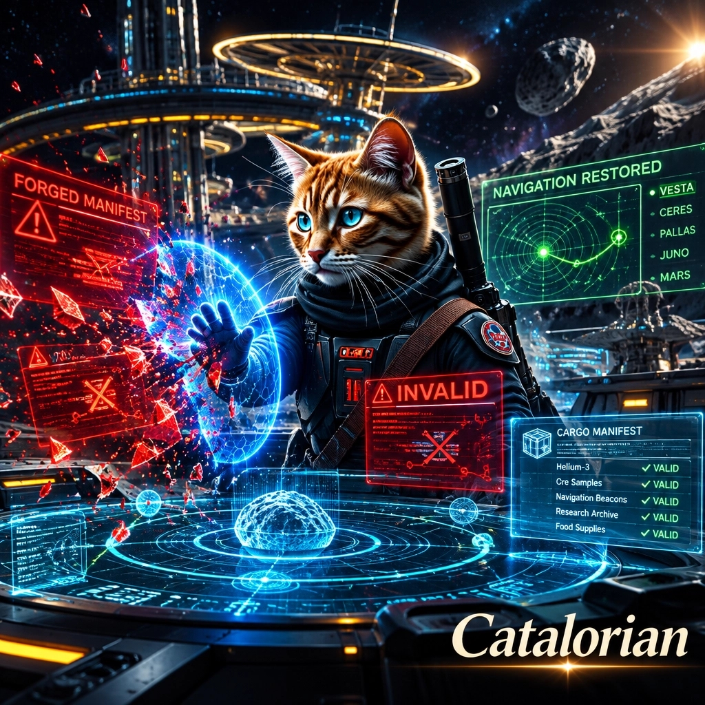 Julio25Merlano's tweet photo. VESTA SECURED. A counterfeit cargo manifest struck Catalorian’s comms-nav archive. Our Protector shattered the forgery, restored every route, and sealed the false cargo. Defender of true routes. This is the way. https://t.co/EyzDRZagTx