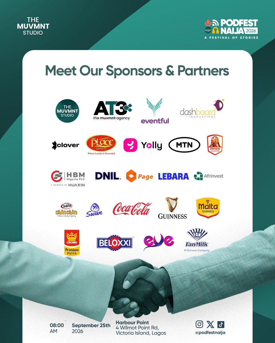 PodfestNaija's tweet photo. 5 DAYS TO PODFEST NAIJA 2026!!!🥳🎉

Get ready to experience a festival of stories with your favourite creators, storytellers, industry leaders, brands and the entire storytelling ecosystem as we come together to connect, collaborate, innovate and learn! https://t.co/sqjGocxVkH