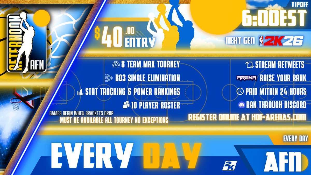 HOFLeague2K's tweet photo. ☀ AFN registration is live!   

 💰 $40 Team Entry  

🚨 Sign-ups are due by 5:50 PM EST

🏀 Brackets drop at 6:00 PM EST  

🔘 BO3 rounds/10 minute grace period 

▶️ We’ve made the registration process easier. Just DM league page to be added to bracket. https://t.co/o6OBpM49al