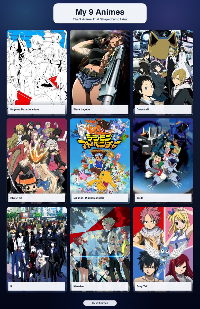 KohaBolt's tweet photo. anime that’s shaped me
.
.
.
.
.
two of these have manga cover arts (I won’t ever show) that basically defines me https://t.co/TwZERJZhJ2