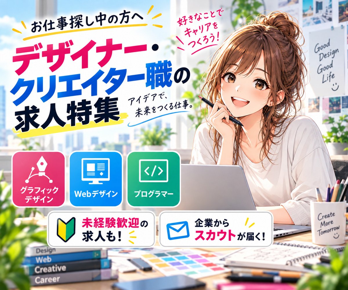 Sasakimisaki42's tweet photo. 📢お仕事探し中の方へ💻

デザイナー・クリエイター職に興味がある方、必見！🎨✨

グラフィック・Webデザイン・プログラマーなど、専門職の求人をチェックしてみませんか？🔍

未経験歓迎の求人や、企業からスカウトが届く機能も📋📩

自分に合うお仕事探しにぜひ👇
https://t.co/yHlyo8YzZc

#求人 https://t.co/tOOi0Xw0U8
